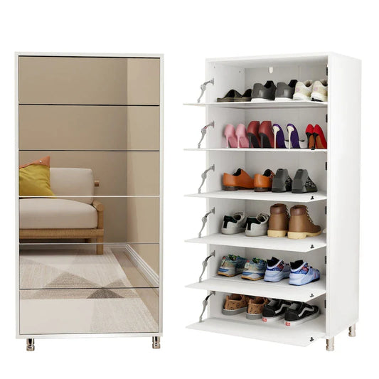 Meuble à chaussures miroir avec 6 tiroirs à abattant, organisateur de rangement pour une grande quantité de chaussures, 4 pieds en métal, porte à abattant à ouverture manuelle.