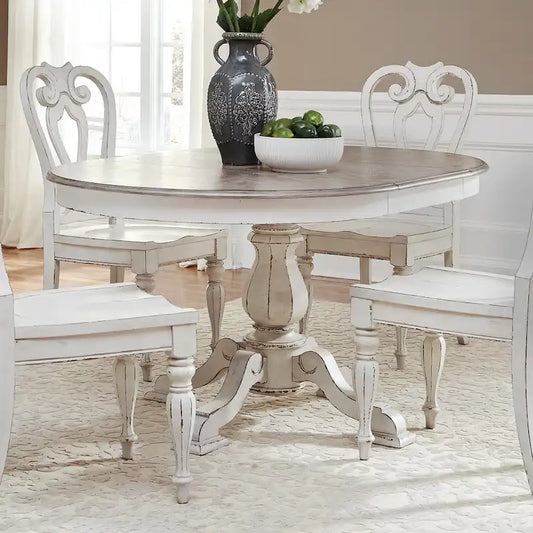 Table à dîner ronde sur pied Magnolia Manor avec rallonges escamotables - 2 finitions