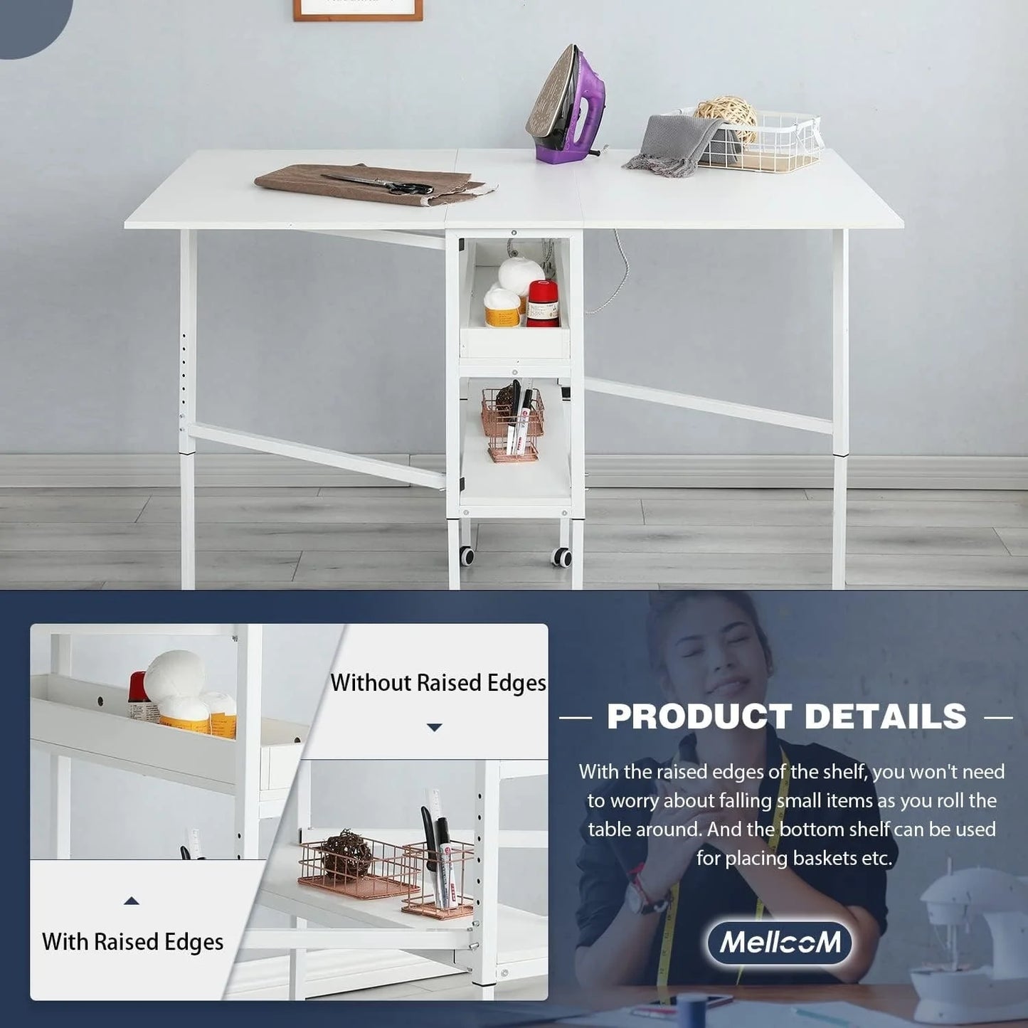Table artisanale réglable en hauteur avec étagères de rangement, table de coupe pliante mobile pour bureau à domicile, salle de couture, salle d'artisanat