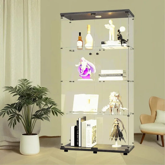 Vitrine en verre éclairée à deux portes avec 4 étagères, noire