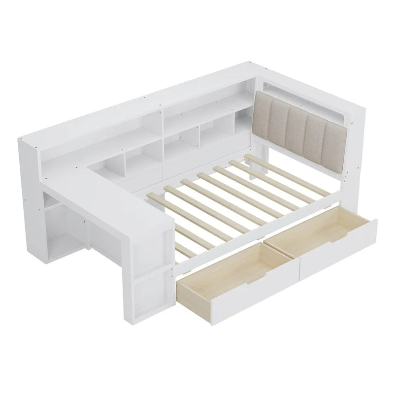 Canapé-lit d'angle en bois en forme de L avec bureau, bibliothèque, lit d'angle avec tiroirs de rangement, tête de lit rembourrée et éclairage intégré