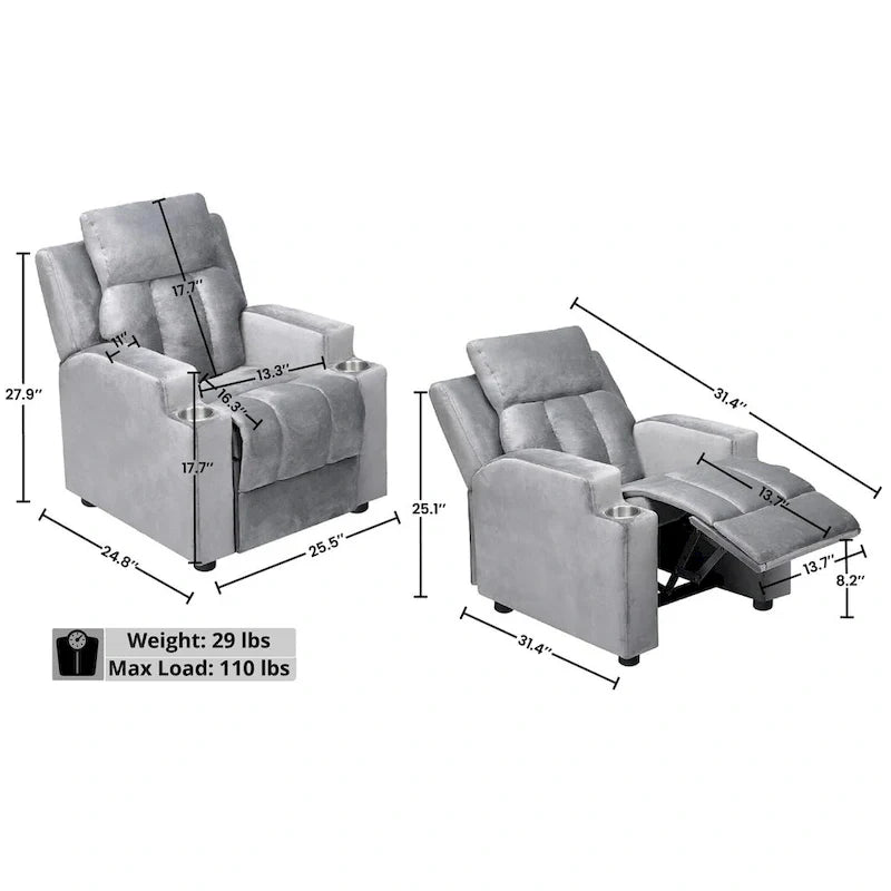 Fauteuil inclinable de luxe pour enfants avec repose-pieds, appuie-tête et 2 porte-gobelets, en microfibre, pour les enfants de 3 ans et plus