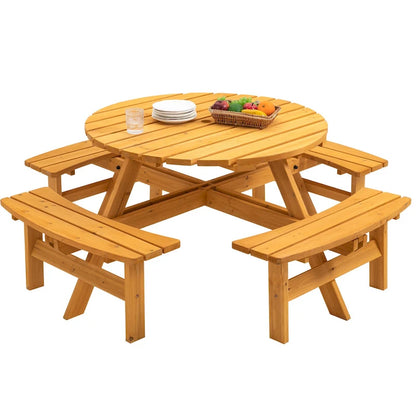 Ensemble de salle à manger rond en bois de sapin pour patio extérieur 8 personnes avec 4 bancs intégrés et trou pour parasol