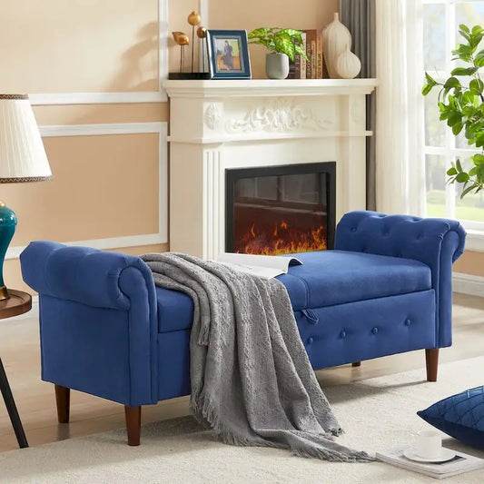 Banc de rangement pour chambre, bout de lit, accoudoirs roulés, canapé ottoman en velours, long banc