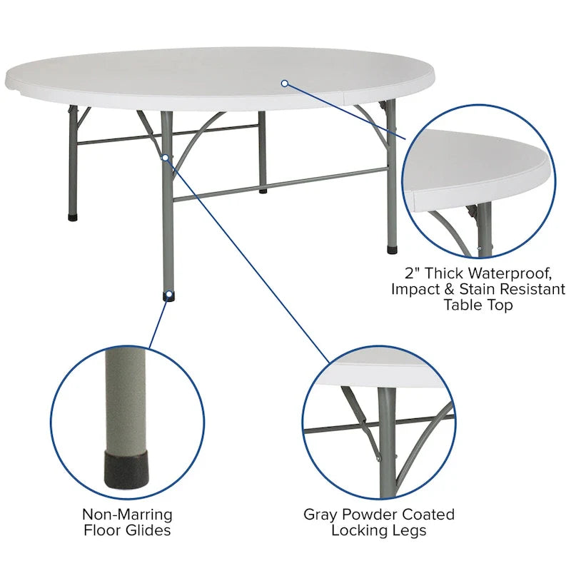 Table pliante ronde en plastique de 1,80 m avec poignée