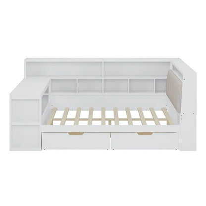 Canapé-lit d'angle en bois en forme de L avec bureau, bibliothèque, lit d'angle avec tiroirs de rangement, tête de lit rembourrée et éclairage intégré