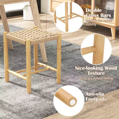 Tabouret de salle à manger Costway, lot de 2 ou 4, 45 cm, sans dossier, avec cadre en bois de caoutchouc, assise en papier tissé, pour cuisine
