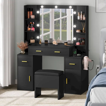 Coiffeuse avec prises intégrées et miroir éclairé, 55,1H x 43,3L x 15,74P