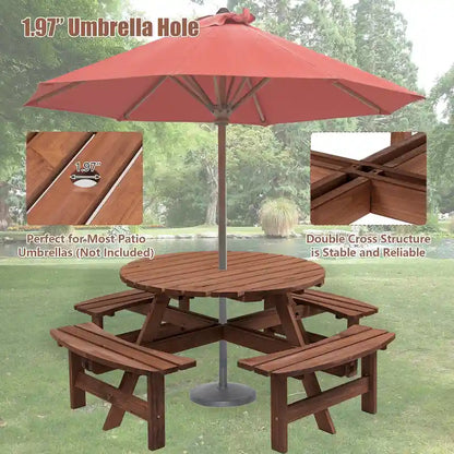 Ensemble de salle à manger rond en bois de sapin pour patio extérieur 8 personnes avec 4 bancs intégrés et trou pour parasol