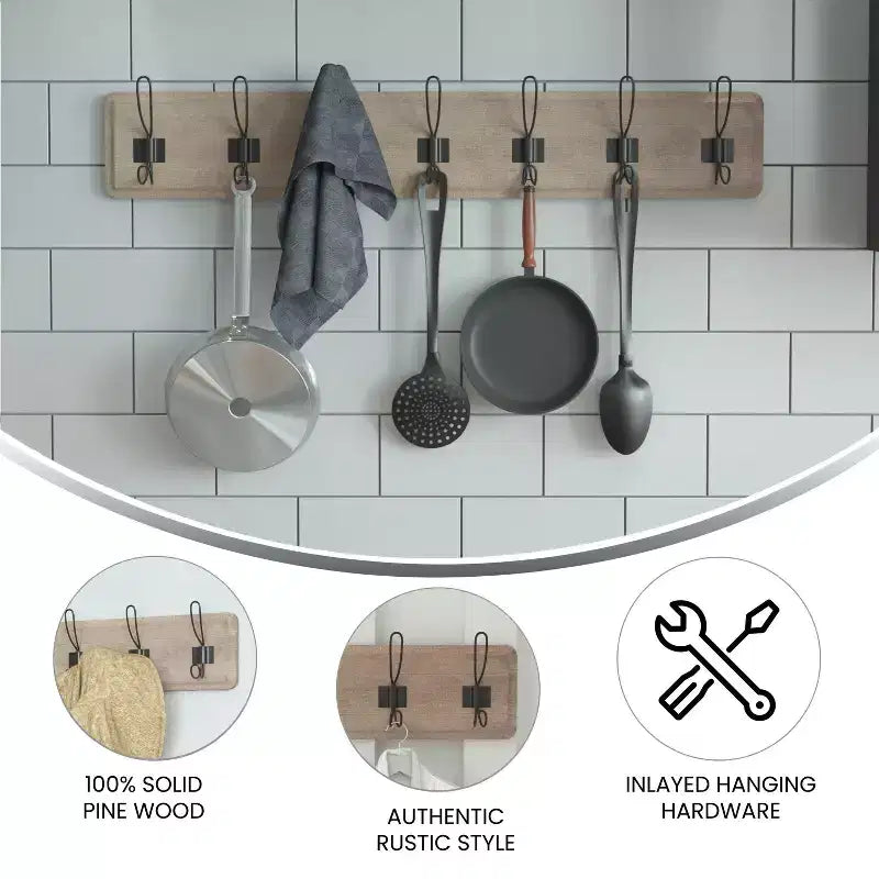 Étagère de rangement murale en pin Merrick Lane de 34 pouces avec crochets de suspension, pour entrée, cuisine, salle de bain
