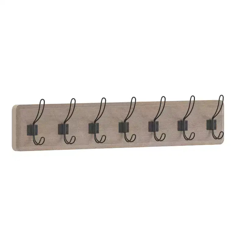 Merrick Lane 34 Inch Wall Mount Pine Wood Storage Rack with Hanging Hooks, Entryway, Kitchen, Bathroom