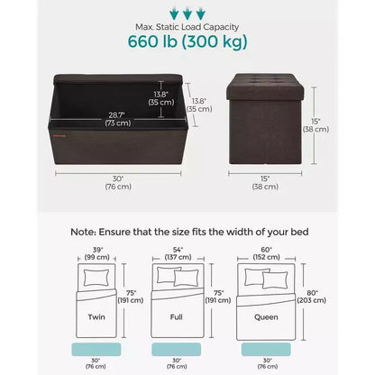 SONGMICS Banc de Rangement Ottoman 30 Pouces, Coffre de Rangement, Repose-Pieds, Supporte jusqu'à 300 kg, pour Chambre, Salon
