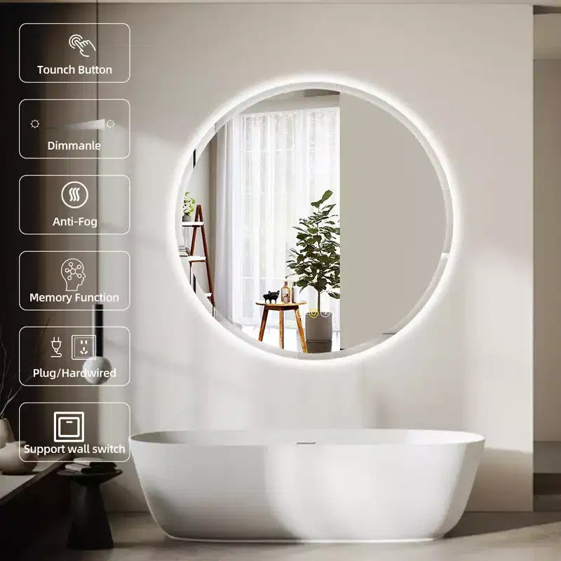 Miroir de courtoisie de salle de bain mural Stufurhome rond, biseauté, anti-buée, à mémoire, avec DEL à intensité variable et 3 couleurs.