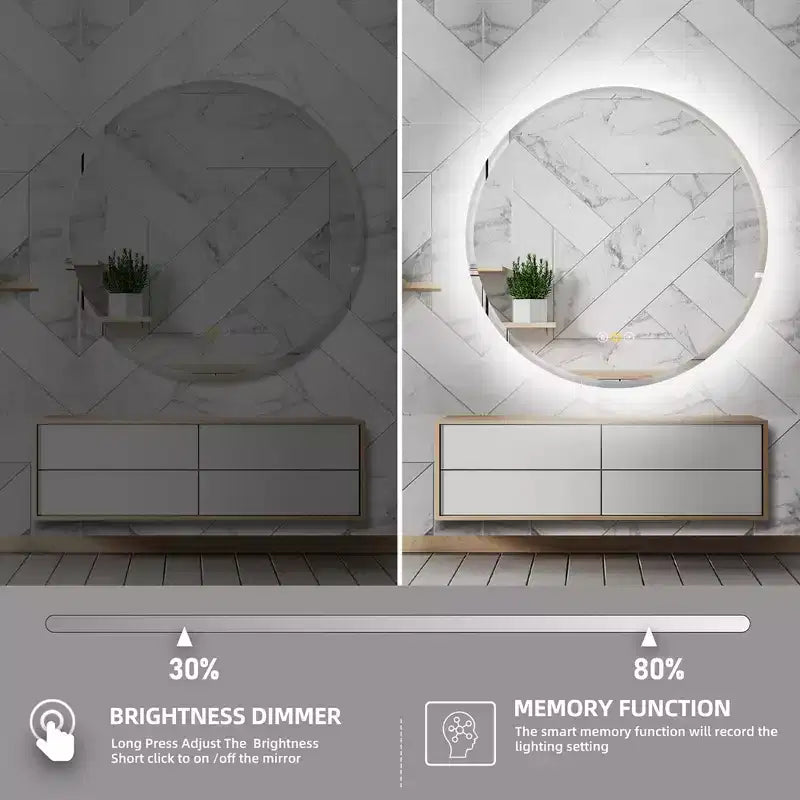 Miroir de courtoisie de salle de bain mural Stufurhome rond, biseauté, anti-buée, à mémoire, avec DEL à intensité variable et 3 couleurs.