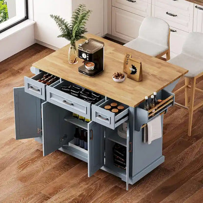 54 Grand îlot de cuisine avec plateau rabattable en bois d'hévéa, chariot de cuisine roulant à texture gaufrée sur 4 roues avec 4 portes et 3 tiroirs