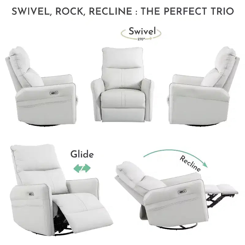 Fauteuil inclinable à bascule rembourré pivotant à 360/270 degrés avec poches latérales/ports USB, planeur pivotant électrique, 4W-ModernLuxe