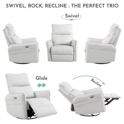Fauteuil inclinable à bascule rembourré pivotant à 360/270 degrés avec poches latérales/ports USB, planeur pivotant électrique, 4W-ModernLuxe