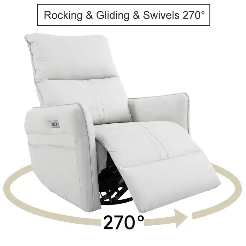 Fauteuil inclinable à bascule rembourré pivotant à 360/270 degrés avec poches latérales/ports USB, planeur pivotant électrique, 4W-ModernLuxe