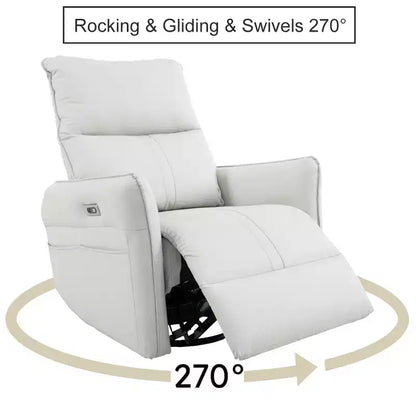Fauteuil inclinable à bascule rembourré pivotant à 360/270 degrés avec poches latérales/ports USB, planeur pivotant électrique, 4W-ModernLuxe