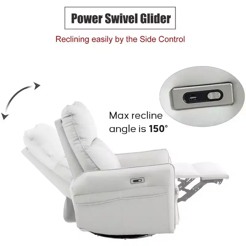 Fauteuil inclinable à bascule rembourré pivotant à 360/270 degrés avec poches latérales/ports USB, planeur pivotant électrique, 4W-ModernLuxe
