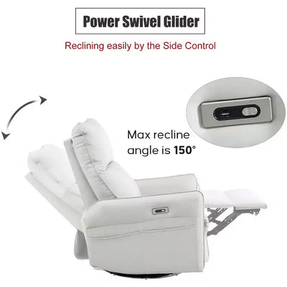 Fauteuil inclinable à bascule rembourré pivotant à 360/270 degrés avec poches latérales/ports USB, planeur pivotant électrique, 4W-ModernLuxe