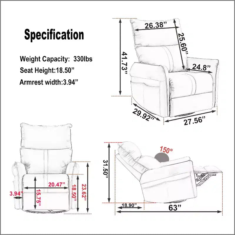 Fauteuil inclinable à bascule rembourré pivotant à 360/270 degrés avec poches latérales/ports USB, planeur pivotant électrique, 4W-ModernLuxe