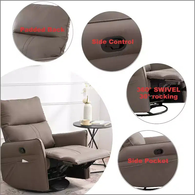 Fauteuil inclinable à bascule rembourré pivotant à 360/270 degrés avec poches latérales/ports USB, planeur pivotant électrique, 4W-ModernLuxe