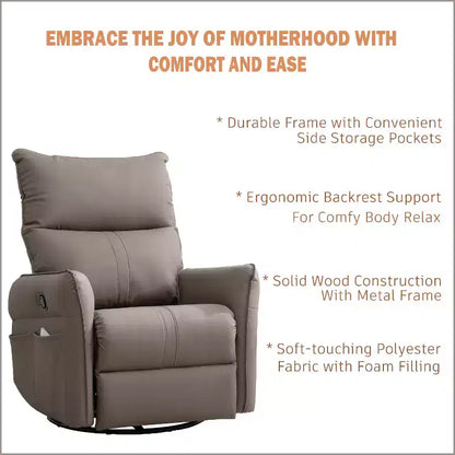 Fauteuil inclinable à bascule rembourré pivotant à 360/270 degrés avec poches latérales/ports USB, planeur pivotant électrique, 4W-ModernLuxe