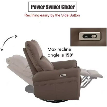 Fauteuil inclinable à bascule rembourré pivotant à 360/270 degrés avec poches latérales/ports USB, planeur pivotant électrique, 4W-ModernLuxe