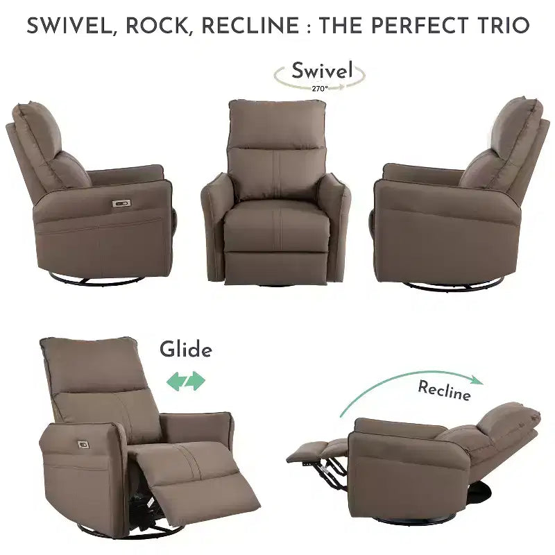 Fauteuil inclinable à bascule rembourré pivotant à 360/270 degrés avec poches latérales/ports USB, planeur pivotant électrique, 4W-ModernLuxe