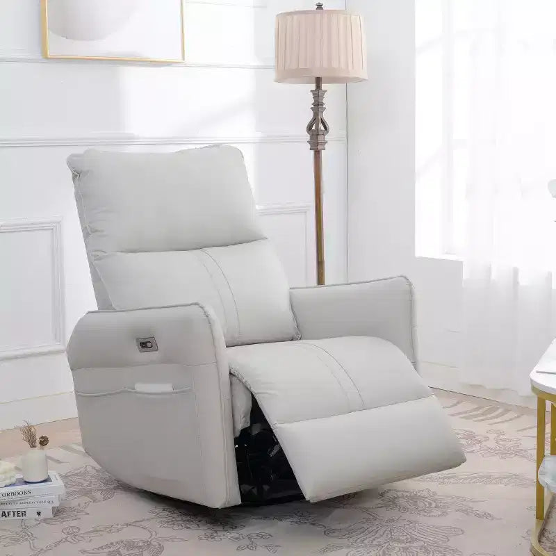 Fauteuil inclinable à bascule rembourré pivotant à 360/270 degrés avec poches latérales/ports USB, planeur pivotant électrique, 4W-ModernLuxe