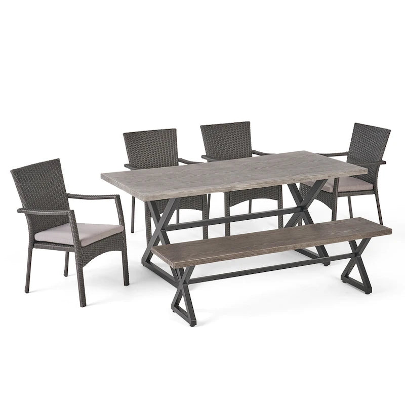 Ensemble de salle à manger d'extérieur rectangulaire 6 pièces en osier et aluminium Tritan avec coussins par Christopher Knight Home