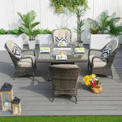 Abrihome Outdoor 5-Piece Dark Brown Wicker Dining Set with Square Rattan Gas Fire Pit Table