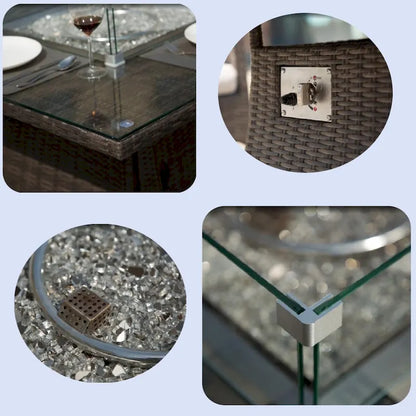 Abrihome Outdoor Salon de salle à manger 5 pièces en osier marron foncé avec table de foyer au gaz en rotin carré