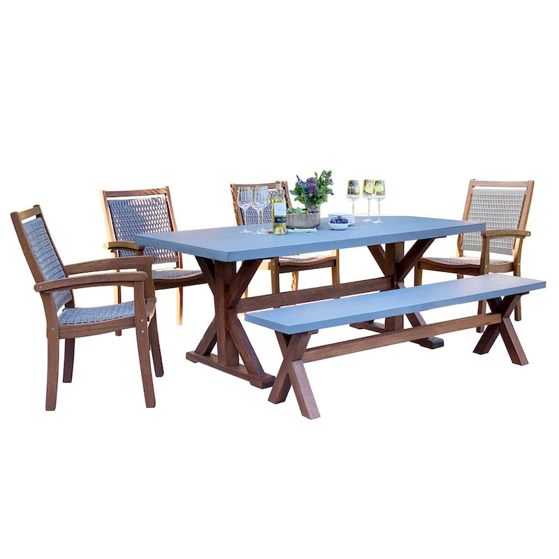 Ensemble de salle à manger Nadine 6 pièces en eucalyptus et composite avec chaises empilables en osier