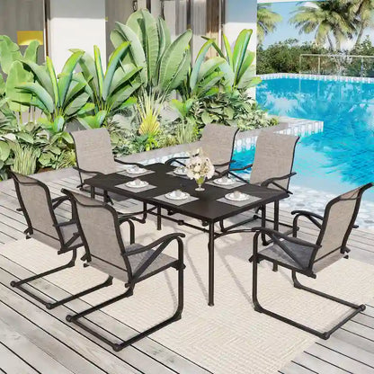 Ensembles de salle à manger de patio 7 pièces, 6 chaises en textilène et 1 table en métal avec trou pour parasol de 2,1 po
