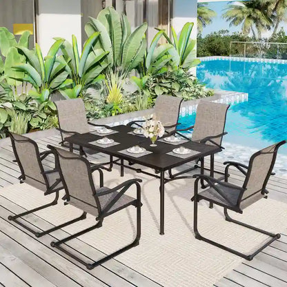 7-Piece Patio Dining Sets , 6 Textilene Fabirc Chairs and 1 Metal Table with 2.1 Umbrella Hole