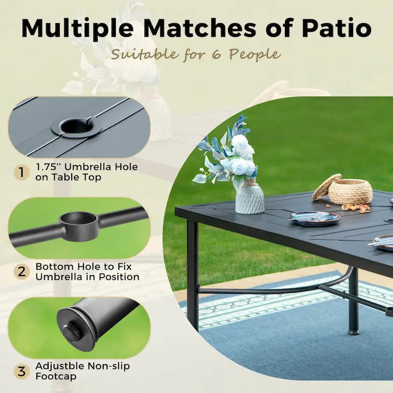 Ensembles de salle à manger de patio 7 pièces, 6 chaises en textilène et 1 table en métal avec trou pour parasol de 2,1 po