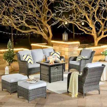 Ensemble de mobilier de patio en osier gris 6 pièces OVIOS avec foyer de 30 po