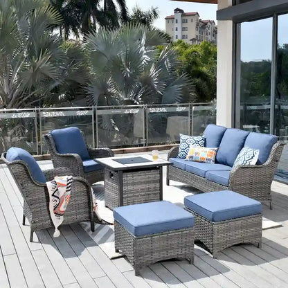 Ensemble de mobilier de patio en osier gris 6 pièces OVIOS avec foyer de 30 po