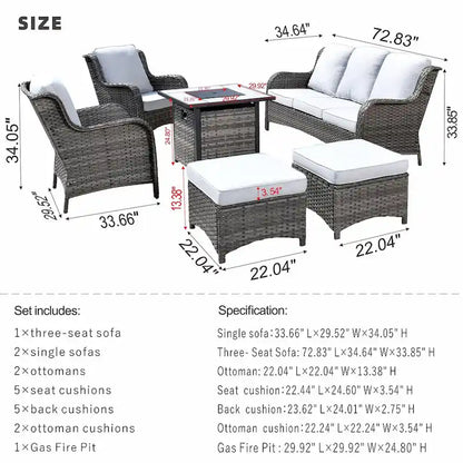 Ensemble de mobilier de patio en osier gris 6 pièces OVIOS avec foyer de 30 po