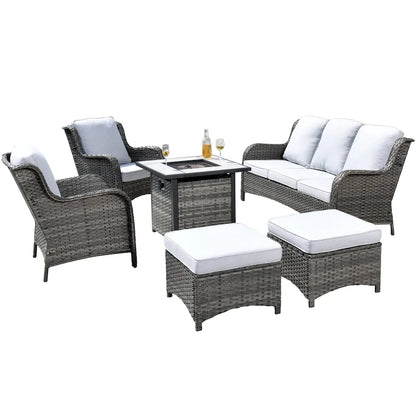 Ensemble de mobilier de patio en osier gris 6 pièces OVIOS avec foyer de 30 po