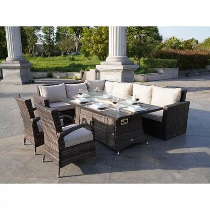Ensemble de canapé en rotin pour terrasse avec table à manger et chaises en aluminium