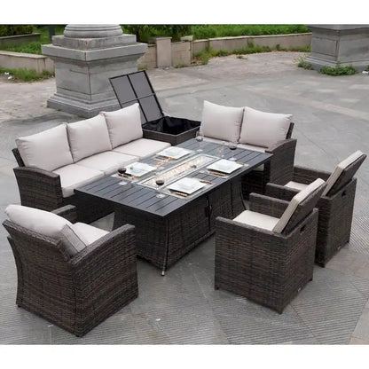 Ensemble de canapé en rotin pour terrasse avec table à manger et chaises en aluminium