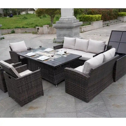 Ensemble de canapé en rotin pour terrasse avec table à manger et chaises en aluminium