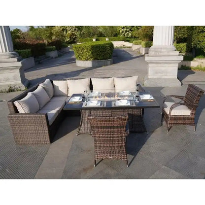 Ensemble de canapé en rotin pour terrasse avec table à manger et chaises en aluminium