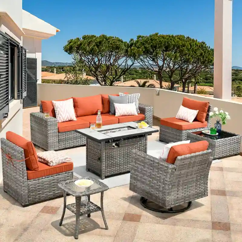 HOOOWOOO Ensemble modulaire d'extérieur en osier 9 pièces avec accoudoirs larges et foyer