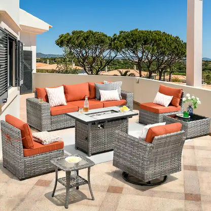 HOOOWOOO Ensemble modulaire d'extérieur en osier 9 pièces avec accoudoirs larges et foyer