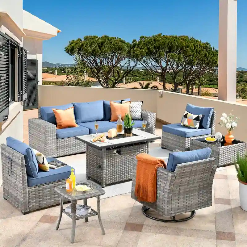 HOOOWOOO Ensemble modulaire d'extérieur en osier 9 pièces avec accoudoirs larges et foyer