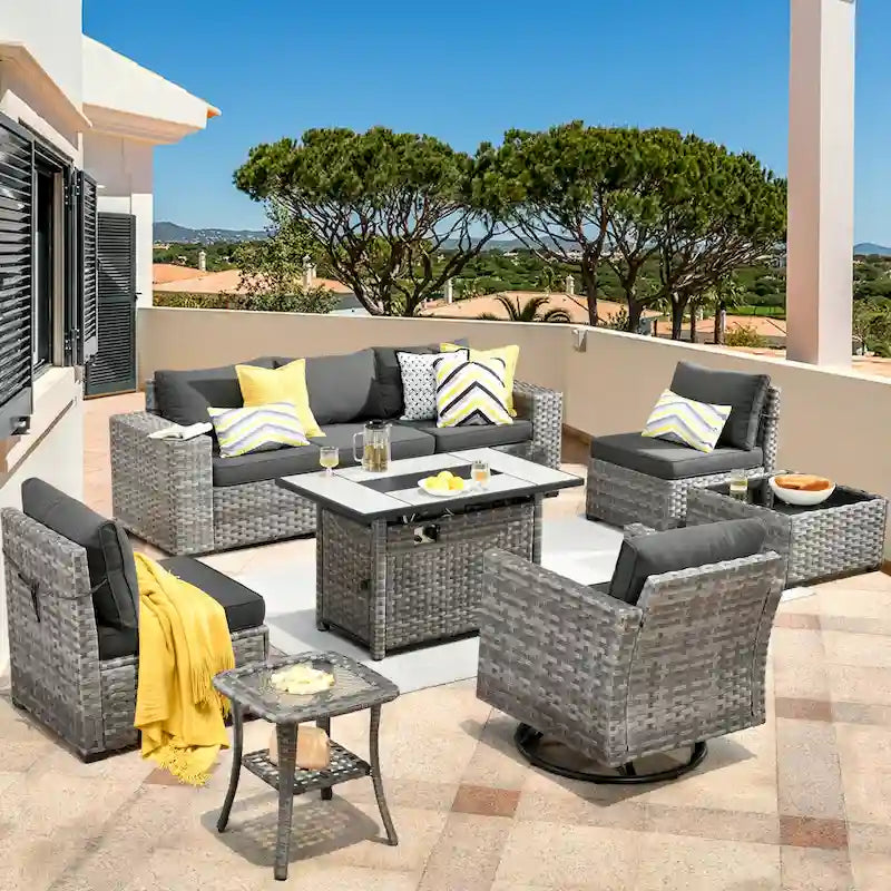 HOOOWOOO Ensemble modulaire d'extérieur en osier 9 pièces avec accoudoirs larges et foyer